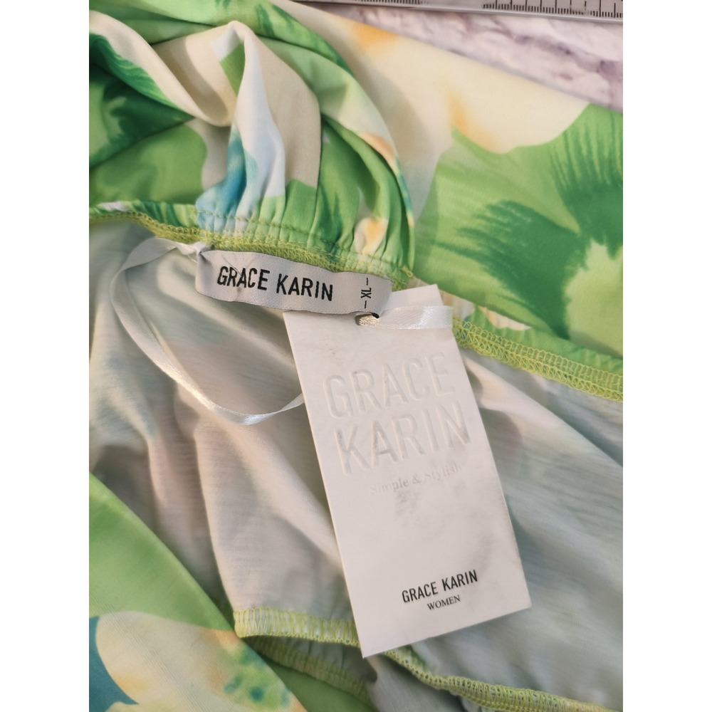 NEW Grace Karin Summer Floral Midi Maxi Dress Women's Sz XL Green Yellow pockets - Picture 6 of 8